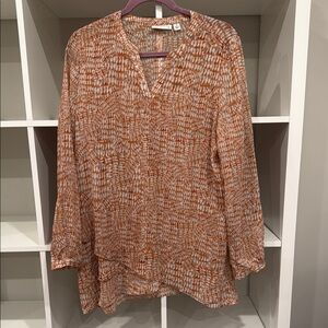 Excellent condition: Susan Graver orange V-neck semi-sheer top, size 10